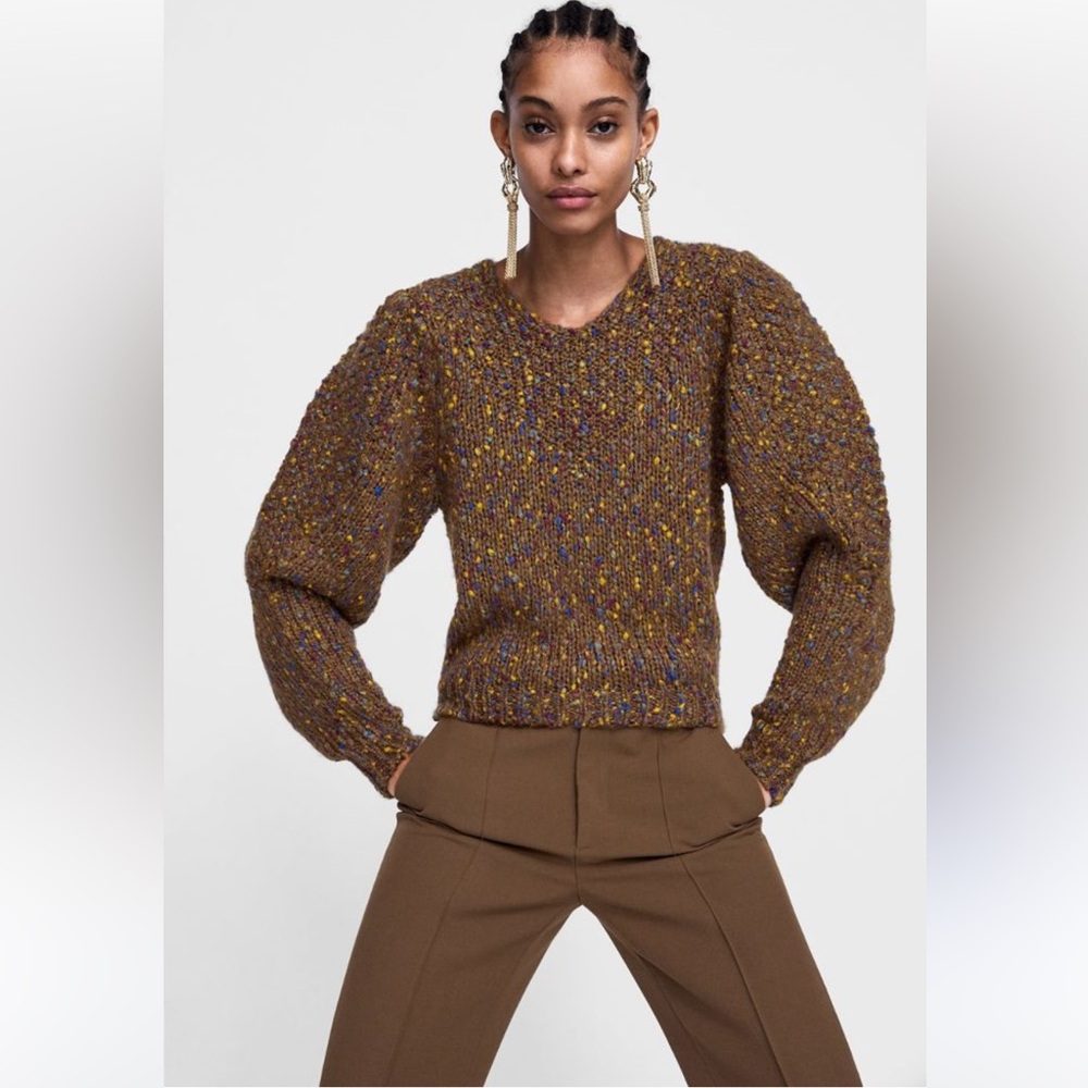 Zara Confetti Knit Puff Sleeve Sweater